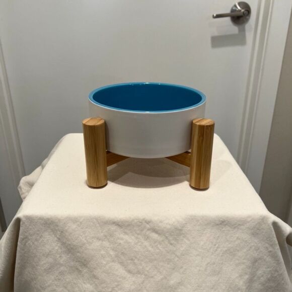 Reddy Ceramic Dog Bowl w/ Stand - White Blue - Picture 1 of 4